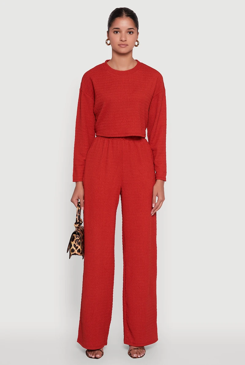 Womens Trendy Textured Knit Long Sleeve Crop Top, Red, Size M