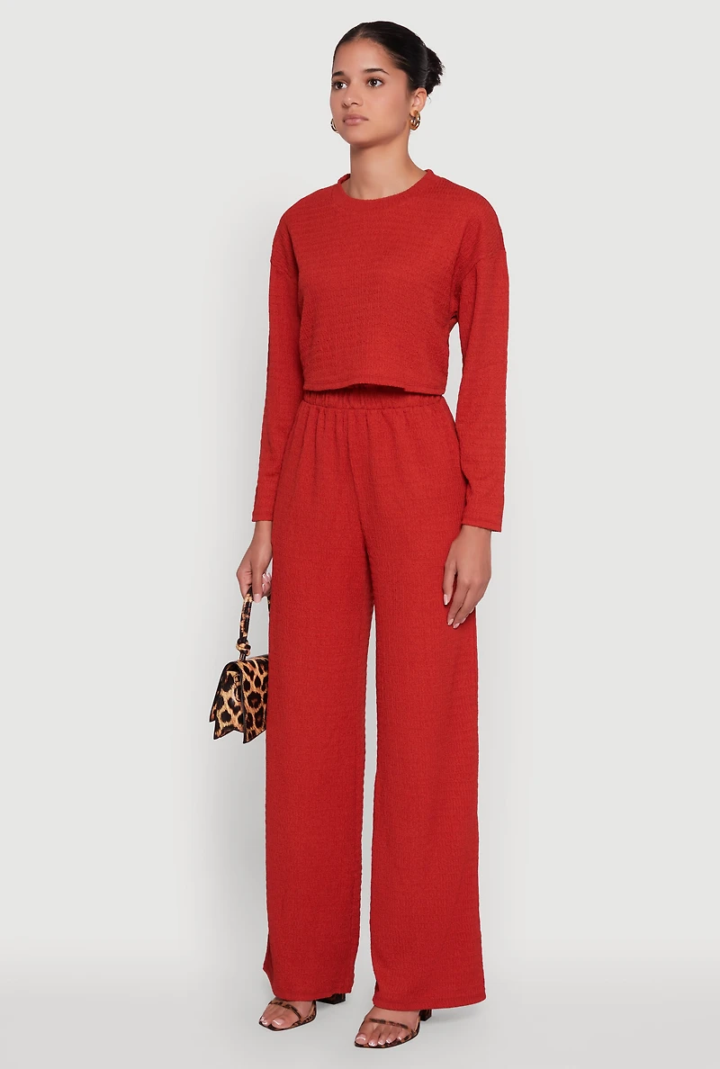 Womens Trendy Textured Knit Long Sleeve Crop Top, Red, Size M
