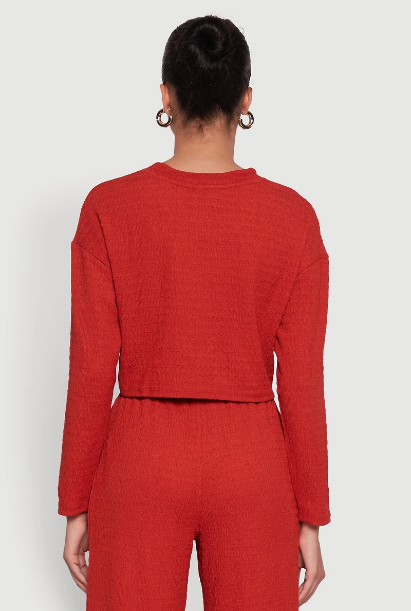 Womens Trendy Textured Knit Long Sleeve Crop Top, Red, Size M