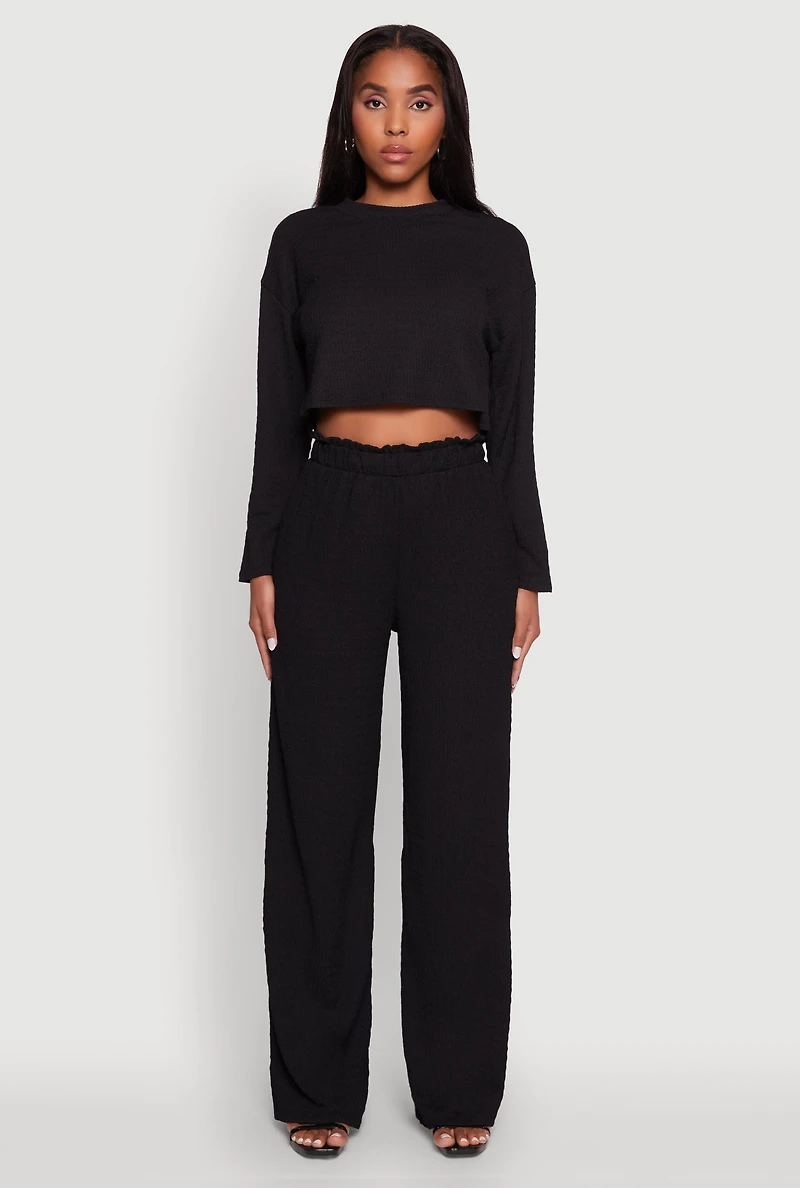 Womens Textured Knit High Waisted Palazzo Pants, Black,