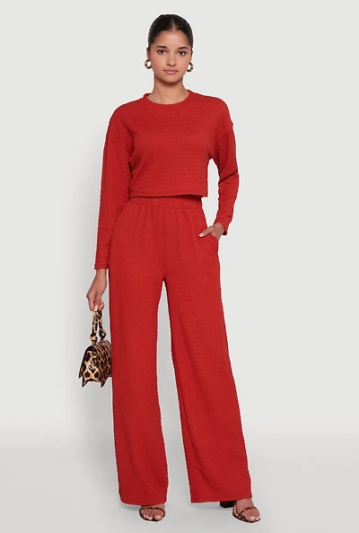 Womens Textured Knit High Waisted Palazzo Pants, Orange, Size S