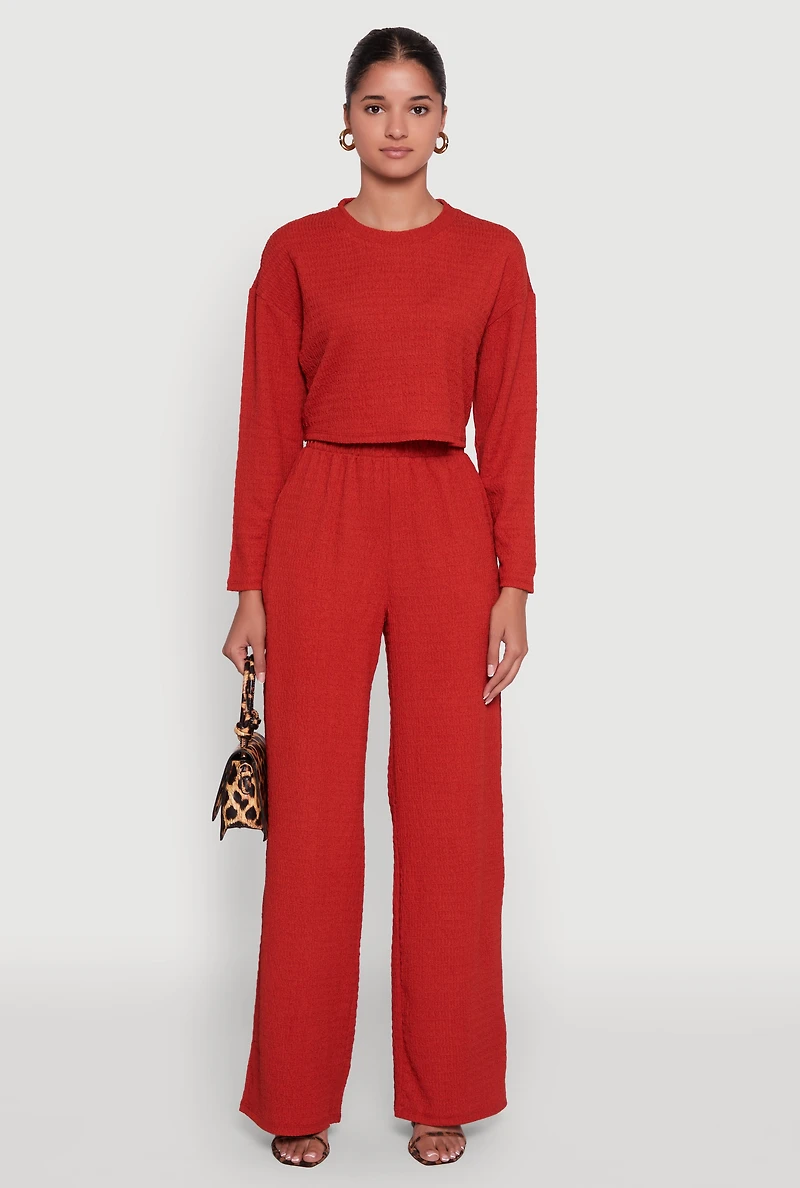 Womens Textured Knit High Waisted Palazzo Pants, Orange, Size M