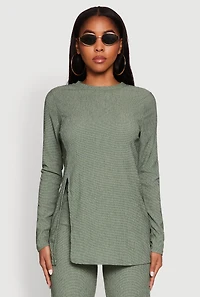 Womens Seersucker Crew Neck Side Slit Long Sleeve Top,