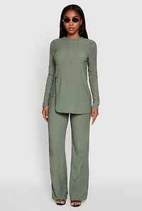 Womens Seersucker Crew Neck Side Slit Long Sleeve Top, Green, Size M