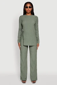 Womens Seersucker Crew Neck Side Slit Long Sleeve Top,