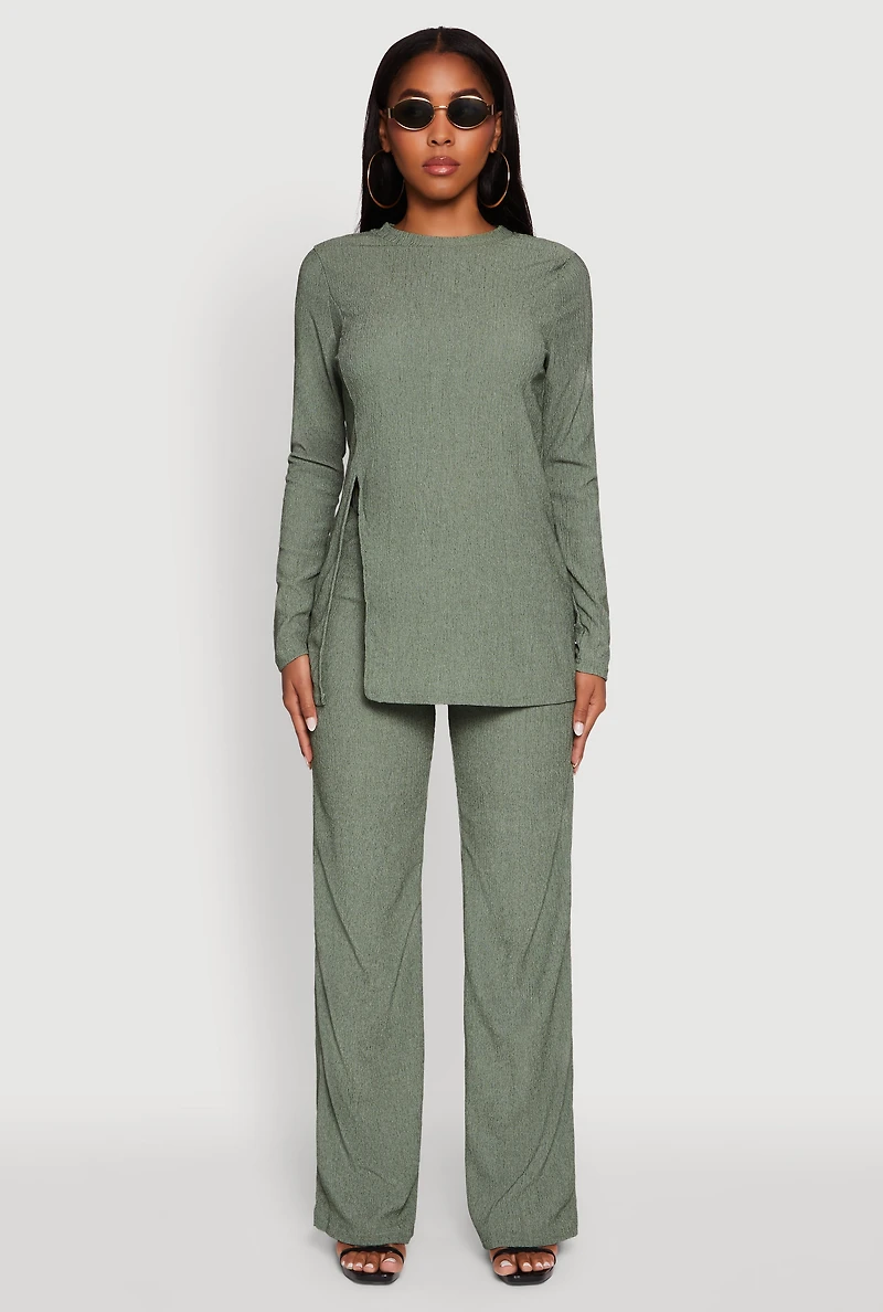 Womens Seersucker Crew Neck Side Slit Long Sleeve Top, Green, Size M