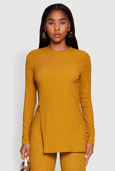 Womens Seersucker Crew Neck Side Slit Long Sleeve Top, Yellow, Size M