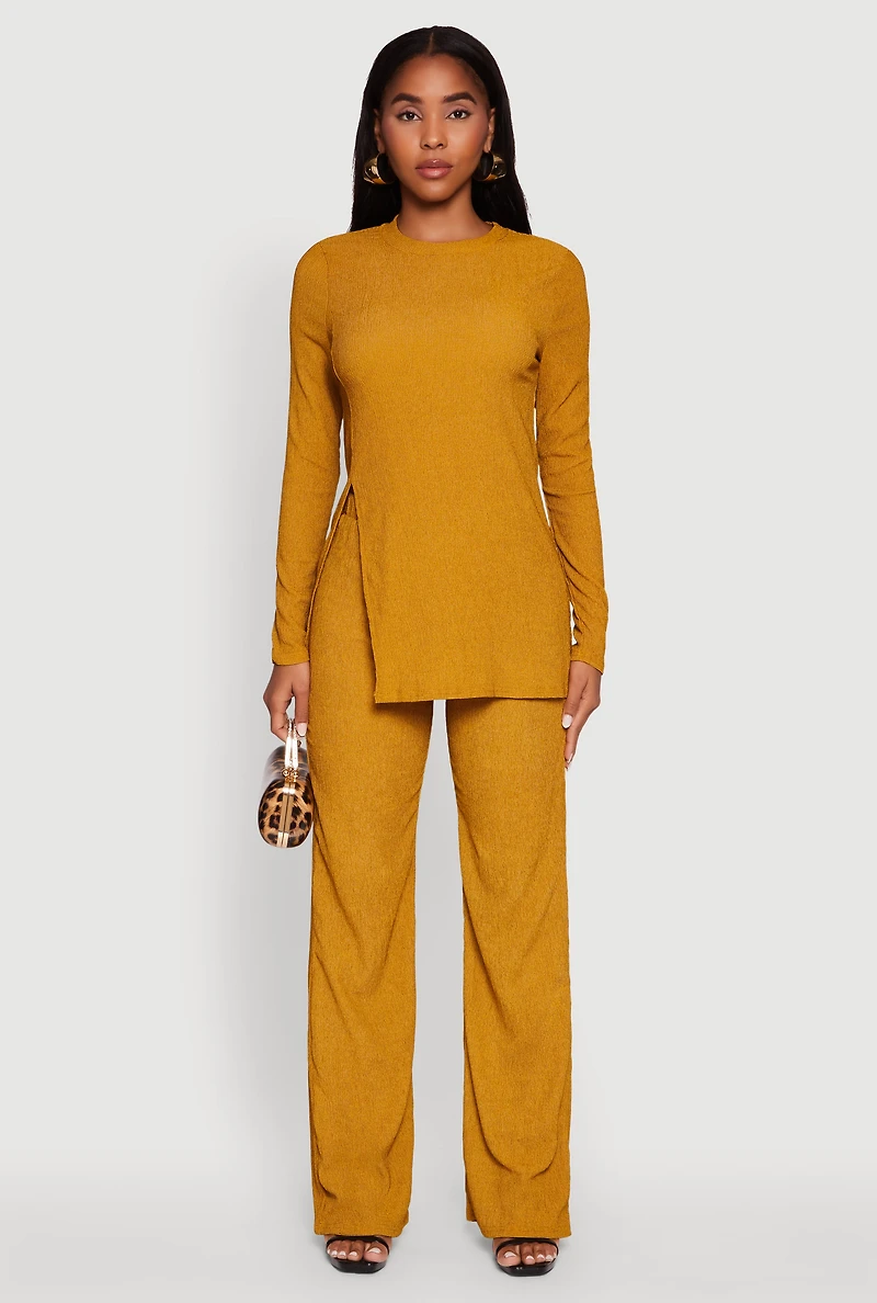 Womens Seersucker Crew Neck Side Slit Long Sleeve Top, Yellow, Size M