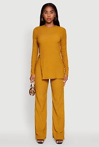 Womens Seersucker Crew Neck Side Slit Long Sleeve Top, Yellow, Size M