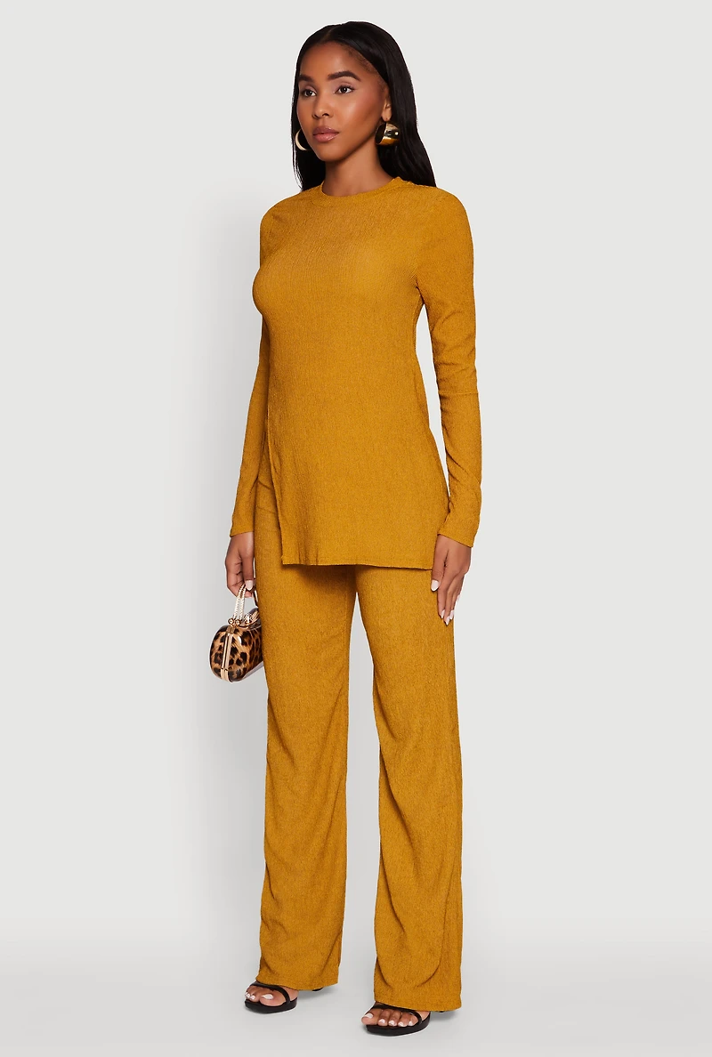 Womens Seersucker Crew Neck Side Slit Long Sleeve Top, Yellow, Size M
