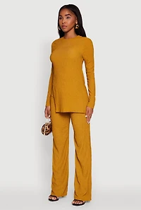 Womens Seersucker Crew Neck Side Slit Long Sleeve Top, Yellow, Size M