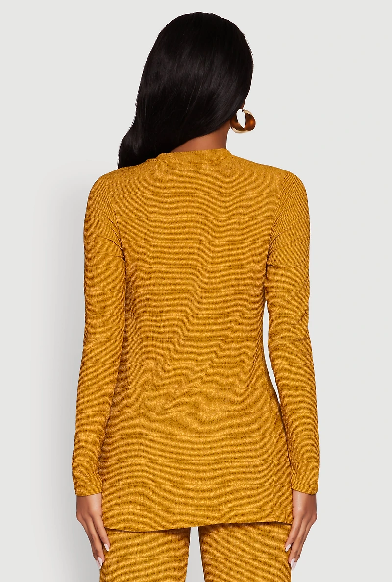 Womens Seersucker Crew Neck Side Slit Long Sleeve Top, Yellow, Size M