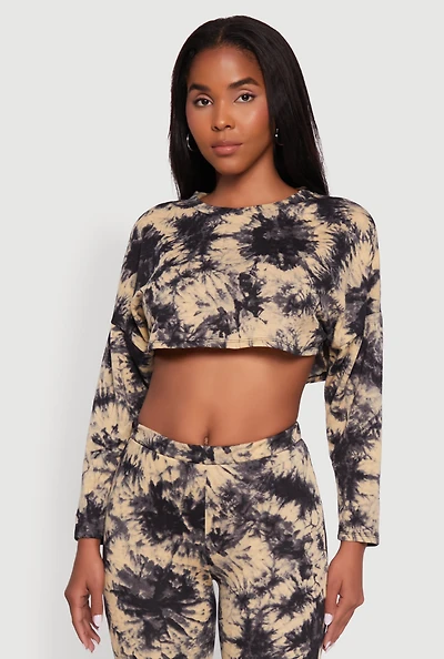 Womens Long Sleeve Tie Dye Cropped Sweatshirt, Multi, Size L