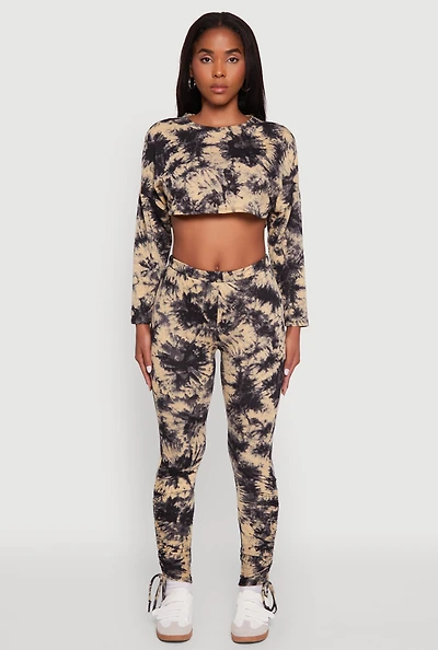 Womens High Waisted Tie Dye Fleece Leggings with Drawstring Hem, Multi, Size M