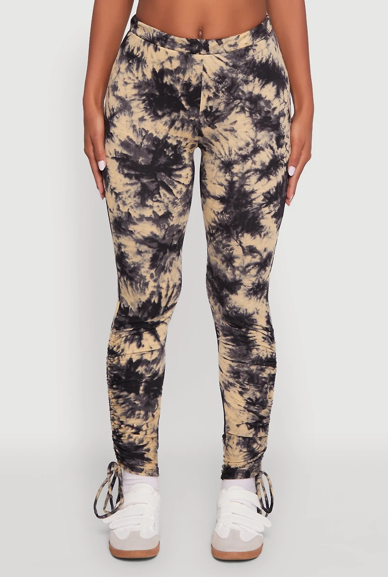 Womens High Waisted Tie Dye Fleece Leggings with Drawstring Side, Multi, Size M