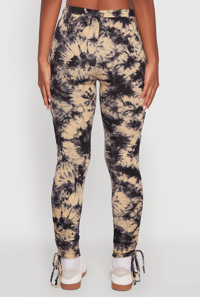 Womens High Waisted Tie Dye Fleece Leggings with Drawstring Side, Multi, Size M