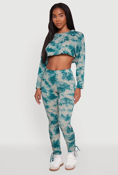 Womens High Waisted Tie Dye Fleece Leggings with Drawstring Hem,