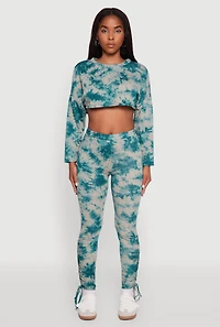 Womens High Waisted Tie Dye Fleece Leggings with Drawstring Hem,