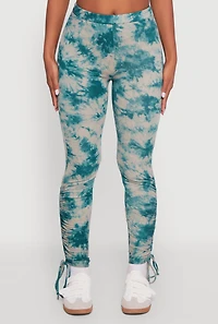 Womens High Waisted Tie Dye Fleece Leggings with Drawstring Hem,