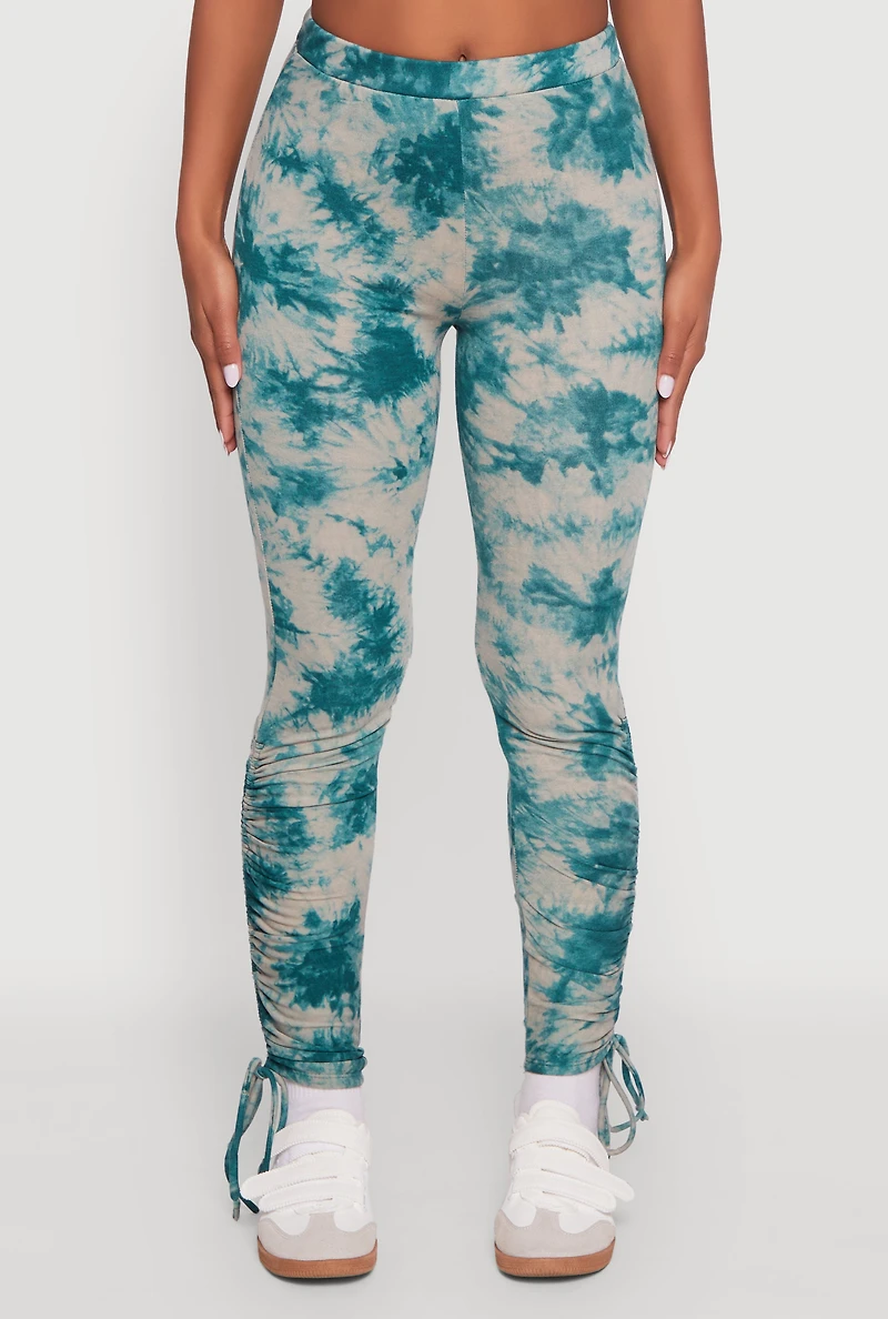 Womens High Waisted Tie Dye Fleece Leggings with Drawstring Hem, Green, Size S