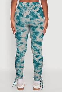 Womens High Waisted Tie Dye Fleece Leggings with Drawstring Hem,