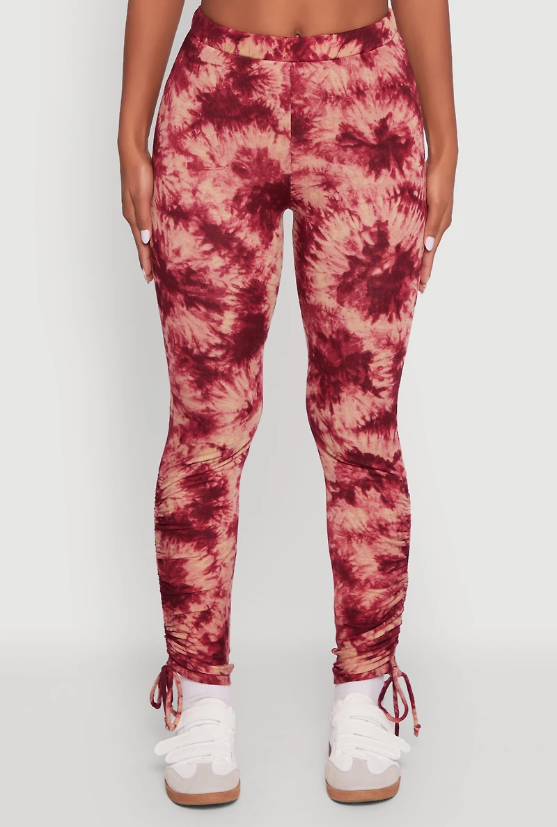 Womens High Waisted Tie Dye Fleece Leggings with Drawstring Hem, Multi, Size XL