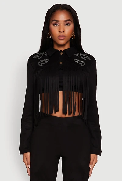 Womens Trendy Faux Suede Fringe Cropped Jacket, Black, Size S