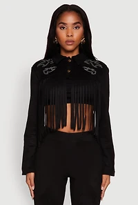 Womens Trendy Faux Suede Fringe Cropped Jacket, Black, Size M