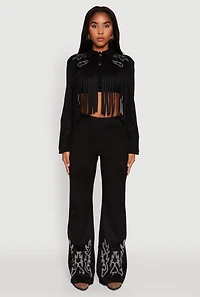 Womens Trendy Faux Suede Fringe Cropped Jacket, Black, Size M