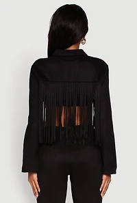 Womens Trendy Faux Suede Fringe Cropped Jacket, Black, Size S