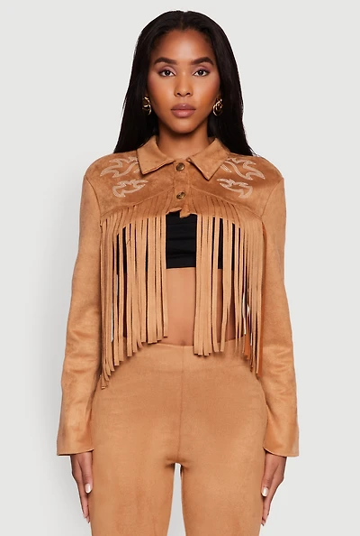 Womens Trendy Faux Suede Fringe Cropped Jacket,