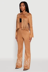 Womens Trendy Faux Suede Fringe Cropped Jacket, Beige, Size L