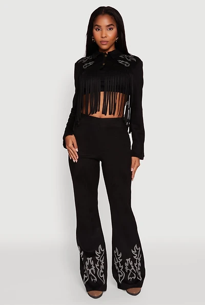 Womens Trendy High Waisted Faux Suede Flare Leg Pants,