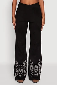 Womens Trendy High Waisted Faux Suede Flare Leg Pants, Black, Size M