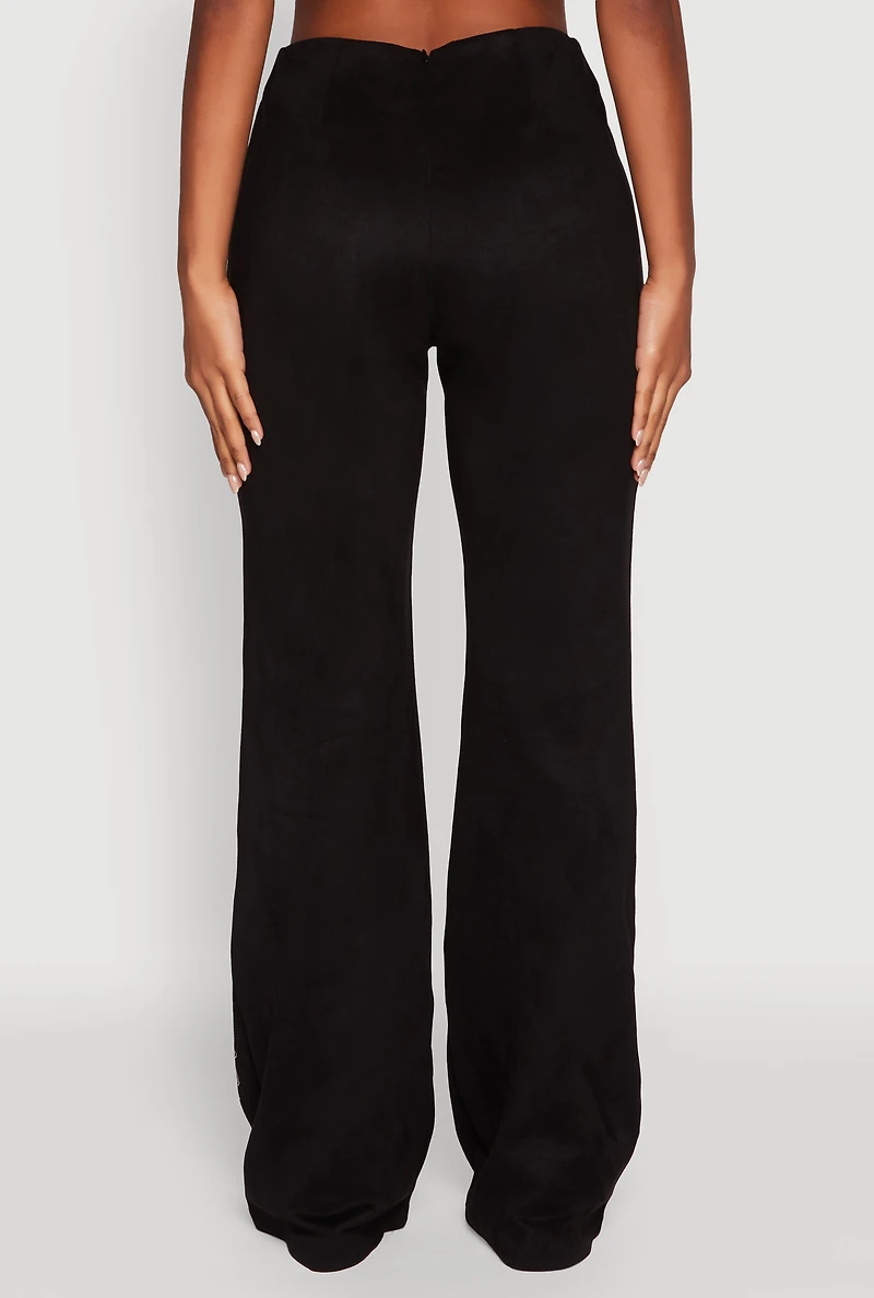 Womens Trendy High Waisted Faux Suede Flare Leg Pants, Black,