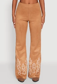 Womens Trendy High Waisted Faux Suede Flare Leg Pants, Khaki, Size XL