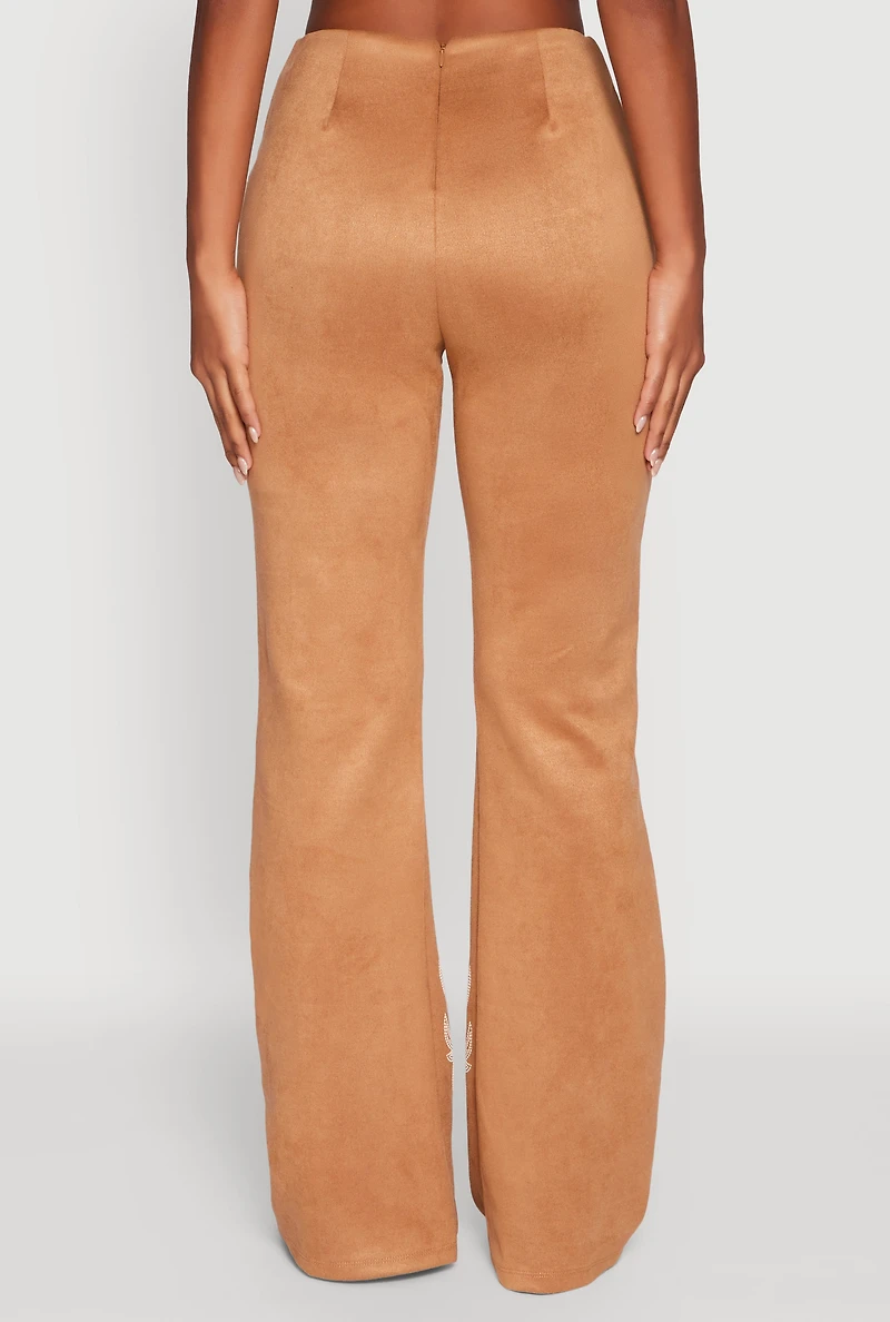 Womens Trendy High Waisted Faux Suede Flare Leg Pants, Khaki, Size XL