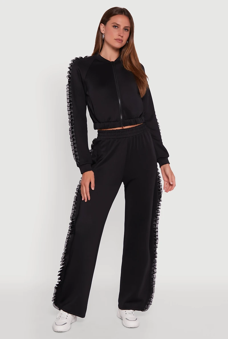 Womens High Waisted Ruffle Trim Flare Leg Pants, Black, Size XL