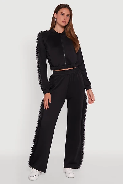 Womens High Waisted Ruffle Trim Flare Leg Pants, Black, Size XL