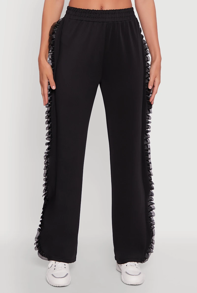 Womens High Waisted Ruffle Trim Flare Leg Pants, Black, Size XL