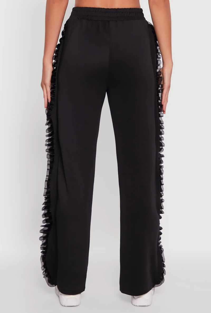 Womens High Waisted Ruffle Trim Flare Leg Pants, Black, Size XL