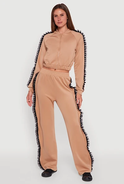 Womens High Waisted Ruffle Trim Flare Leg Pants, Khaki, Size XL