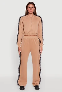 Womens High Waisted Ruffle Trim Flare Leg Pants, Khaki,