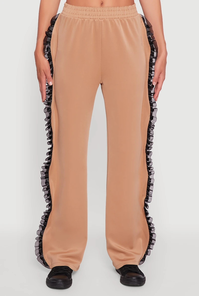Womens High Waisted Ruffle Trim Flare Leg Pants, Khaki, Size XL