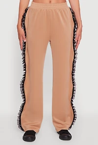 Womens High Waisted Ruffle Trim Flare Leg Pants, Khaki, Size XL