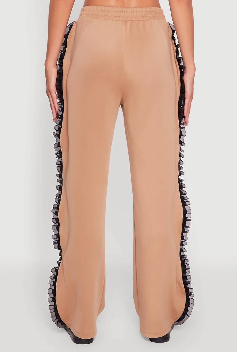Womens High Waisted Ruffle Trim Flare Leg Pants, Khaki,