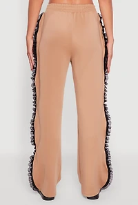 Womens High Waisted Ruffle Trim Flare Leg Pants, Khaki,