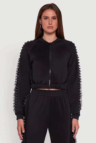 Womens Ruffle Chiffon Organza Long Sleeve Zip Front Jacket, Black, Size L