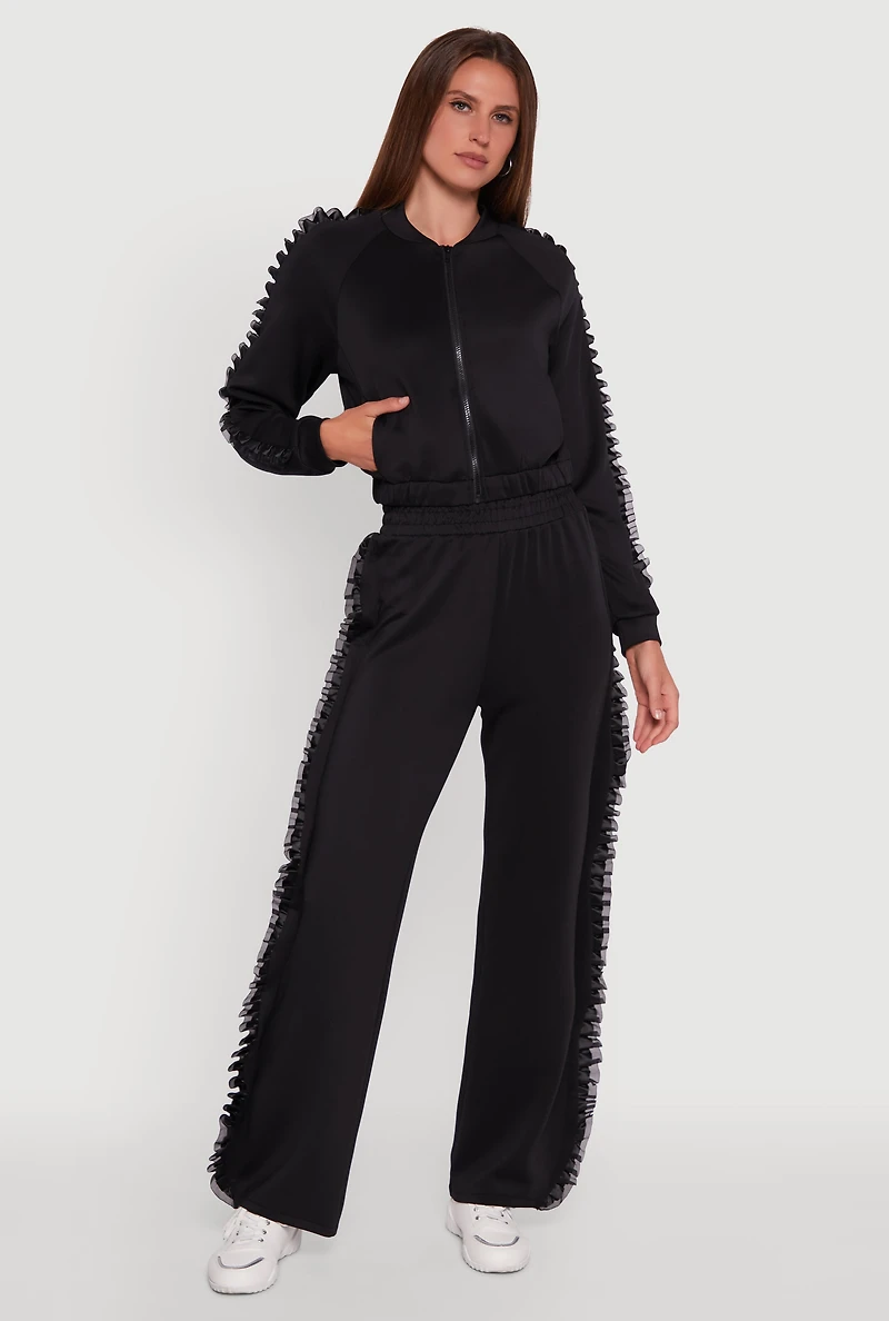 Womens Ruffle Chiffon Organza Long Sleeve Zip Front Jacket, Black, Size XL