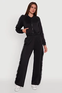 Womens Ruffle Chiffon Organza Long Sleeve Zip Front Jacket, Black, Size M